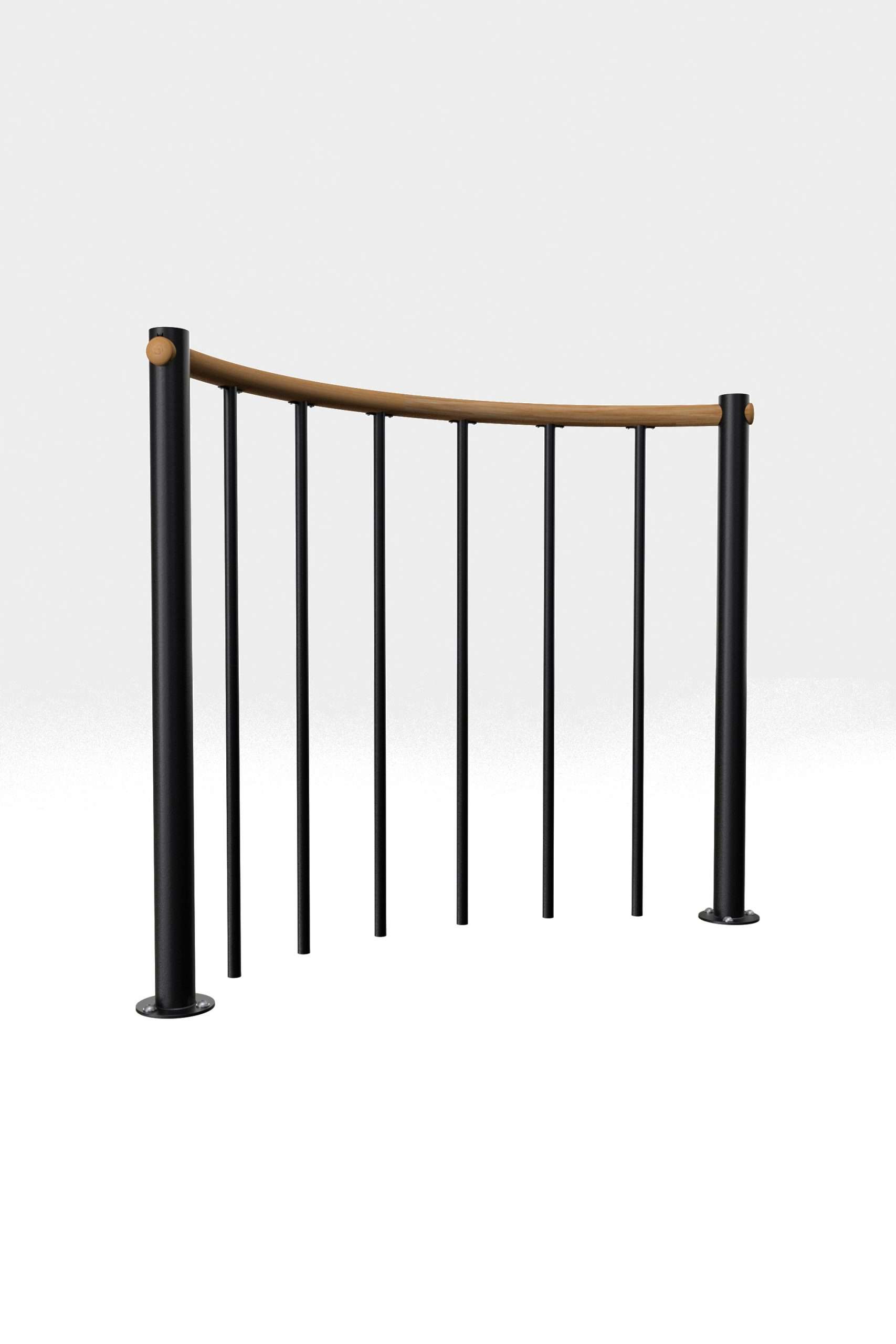 Brüstungsgeländer mit vertikalen Stäben und Holz-Handlauf rund